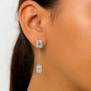 Elegant Silver Drop Earrings with Clear CZ Rectangle Stones